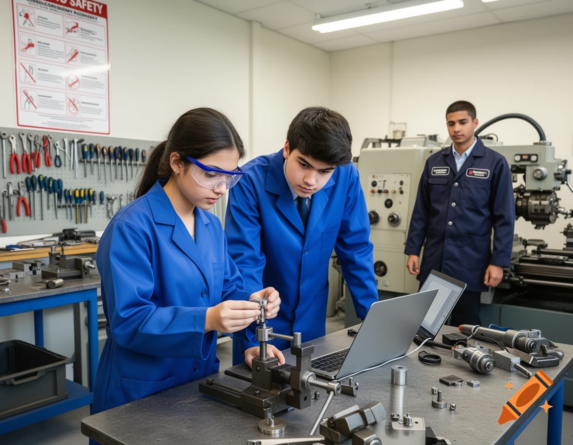 Students in blue lab coats work with metal parts and a laptop in an engineering workshop, a technician stands nearby.