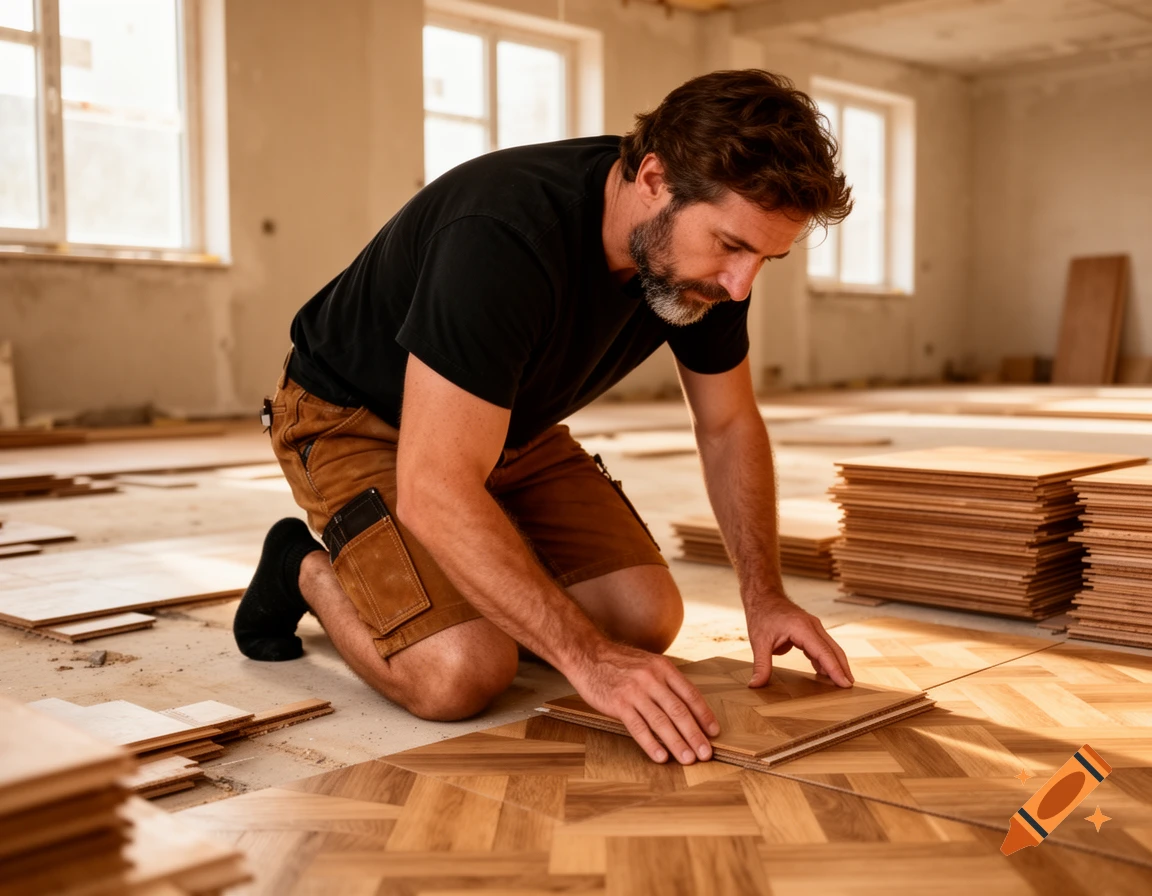 A man with a beard and short brown hair kneels, installing wooden parquet flooring in a room under construction.