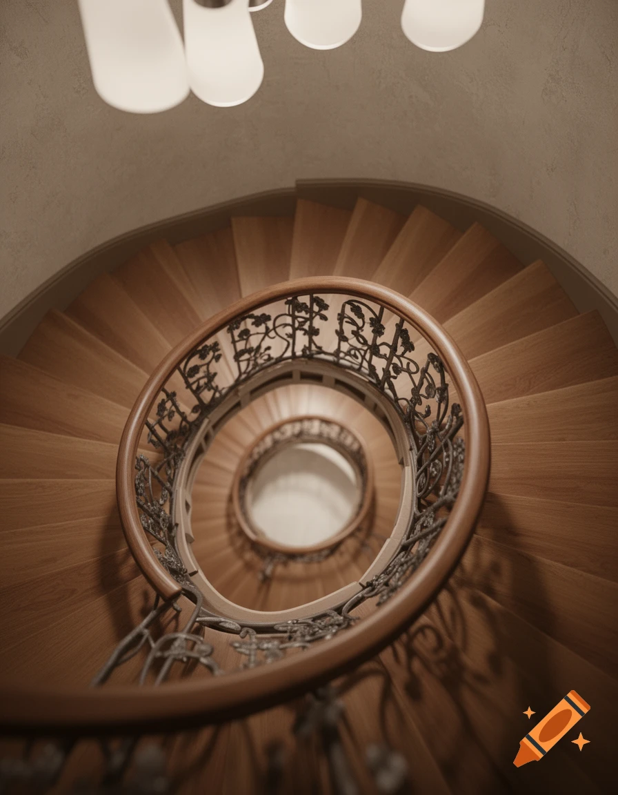 High-angle view down a spiral wooden staircase with an ornate wrought iron railing and frosted glass light fixtures.