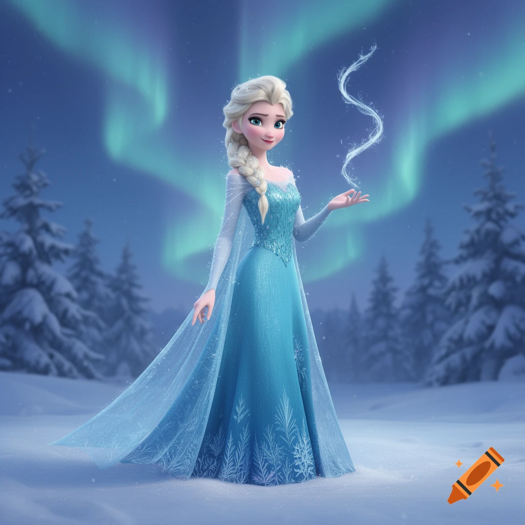 Elsa in a sparkling blue dress and cape, creating ice magic in a snowy forest under a green aurora borealis.