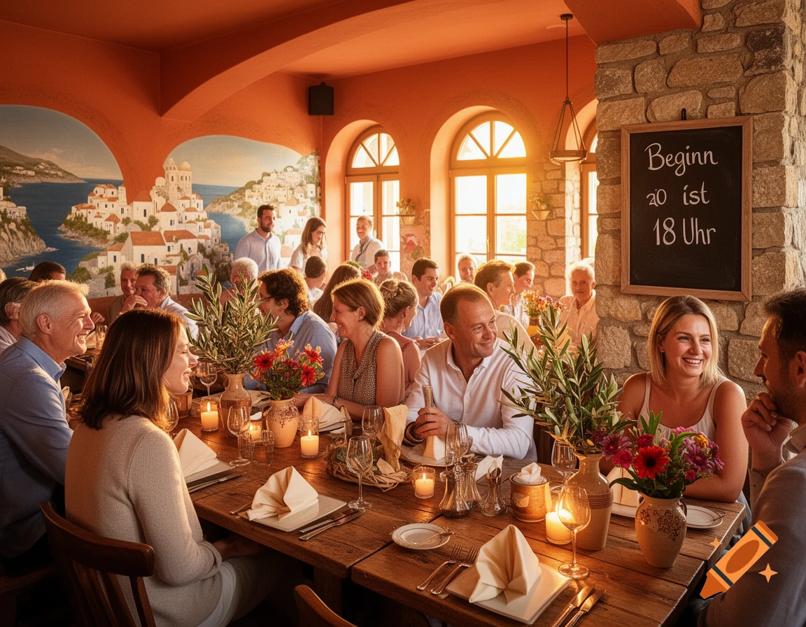 People are dining at a long wooden table in a warm-toned restaurant with a Mediterranean coastal mural and a blackboard sign on a stone pillar.