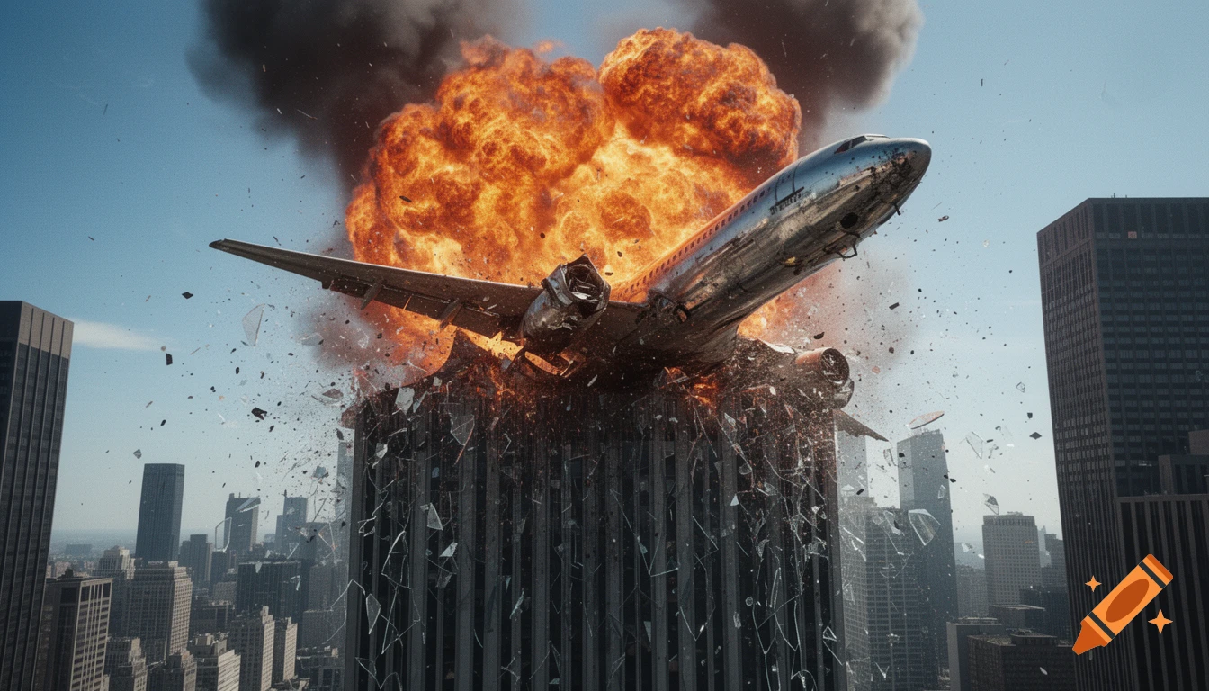 A photorealistic scene of an airplane crashing into a city skyscraper, exploding with a massive fireball and flying debris.