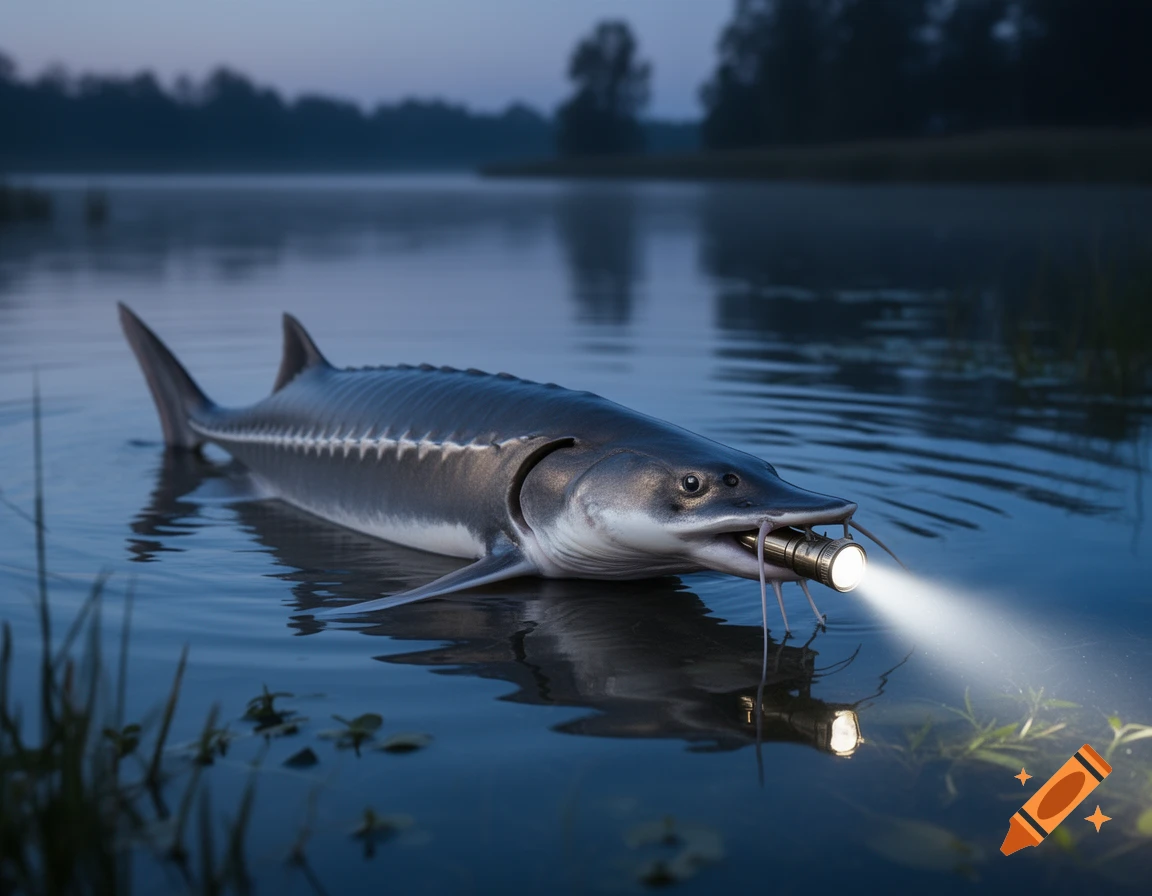 A photorealistic sturgeon with a flashlight in its mouth illuminating the dark water of a lake at dusk.