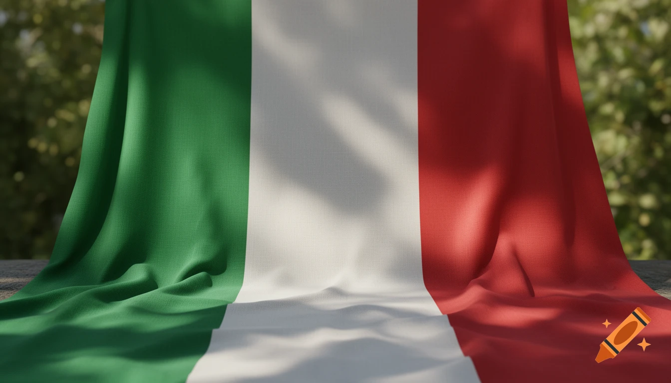 A draped Italian flag with green, white, and red vertical stripes, showing fabric folds and shadows against a blurred green foliage background in a photorealistic style.