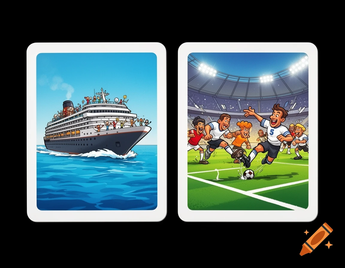 Two comic-style playing cards: a cruise ship sailing on blue water and a soccer game in a stadium.