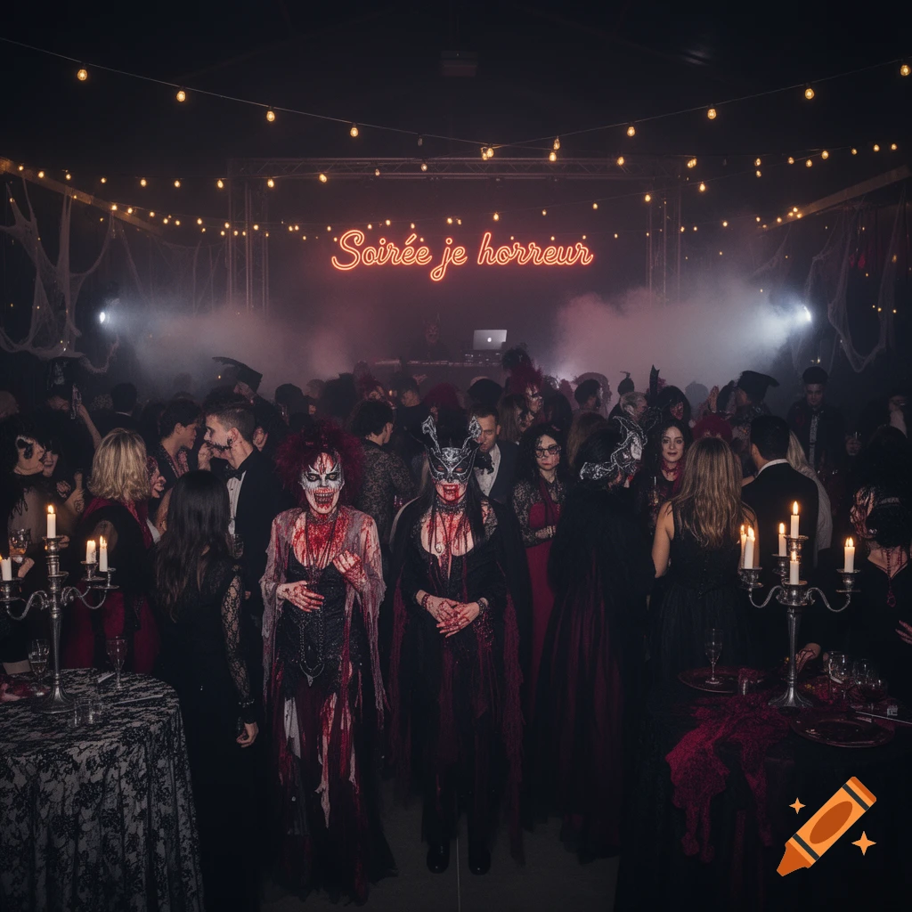 A dark Halloween party scene with costumed guests, featuring two people covered in fake blood in the foreground and a neon sign glowing 'Soirée je horreur' in the smoky background.