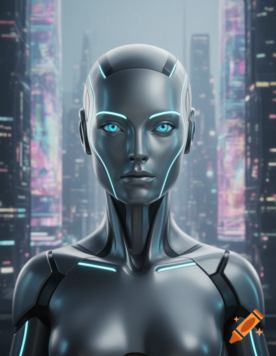 Close-up of a metallic humanoid robot with glowing blue eyes and lines, against a blurred futuristic city background.