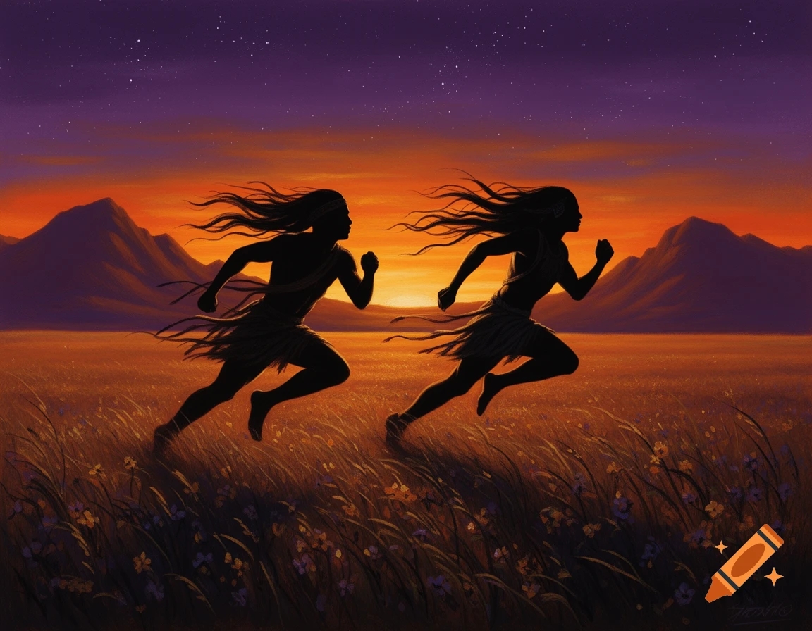 Silhouettes of two indigenous people running through a field at sunset with mountains and a starry purple sky.
