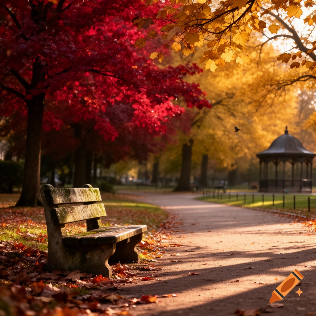 Photorealistic image of an empty wooden bench in an autumn park with vibrant red and yellow trees, a path, and a distant gazebo.