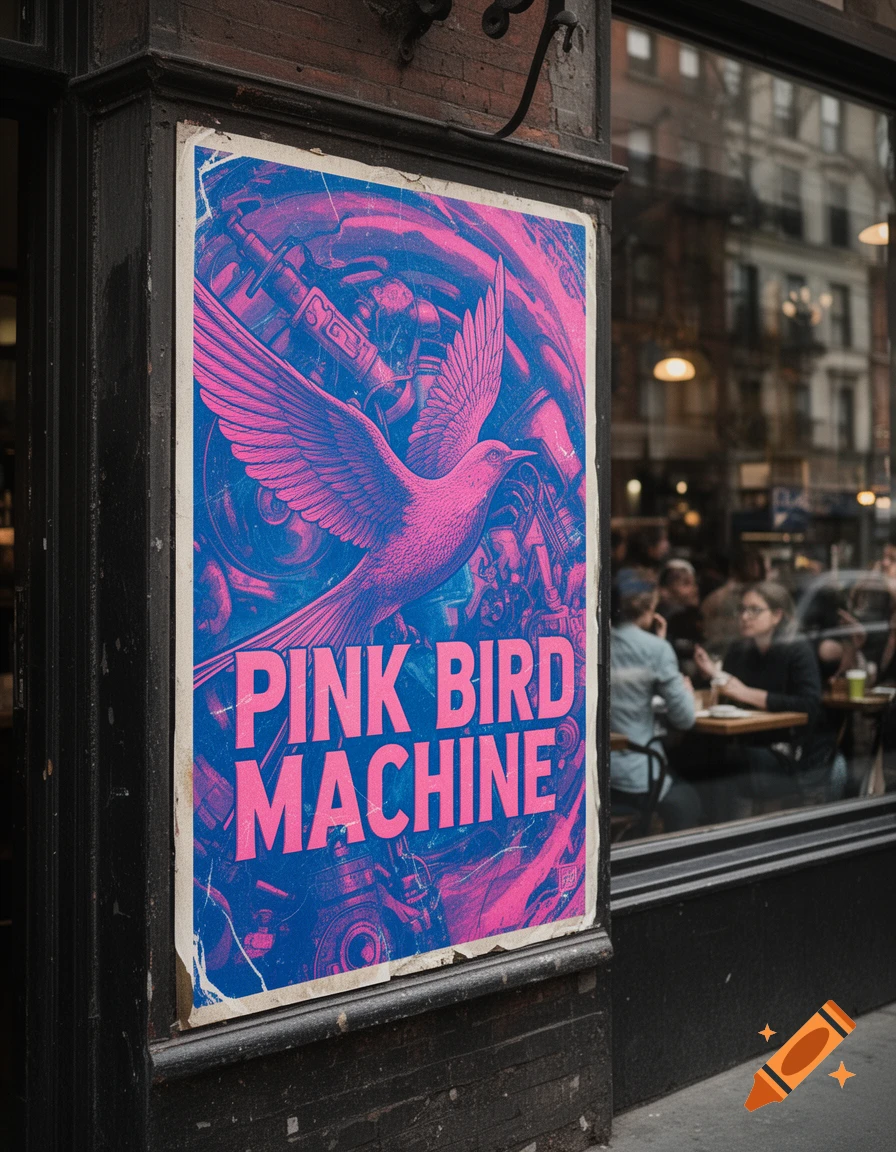 A vibrant pink and blue poster for "Pink Bird Machine" featuring a bird and gears, affixed to a brick building facade in an urban setting.