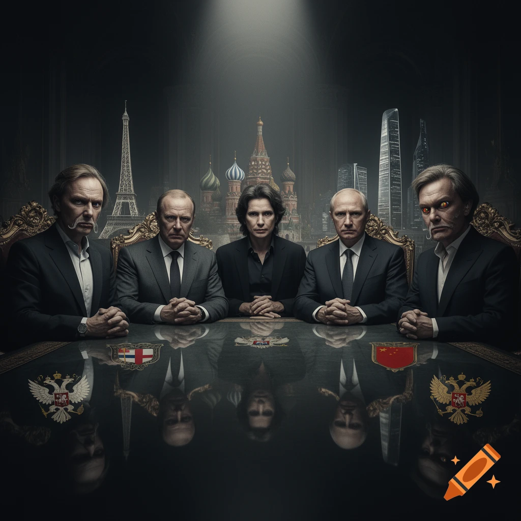 Five men in suits sit at a reflective table adorned with national symbols, one with glowing red eyes, against a dark background featuring international landmarks.