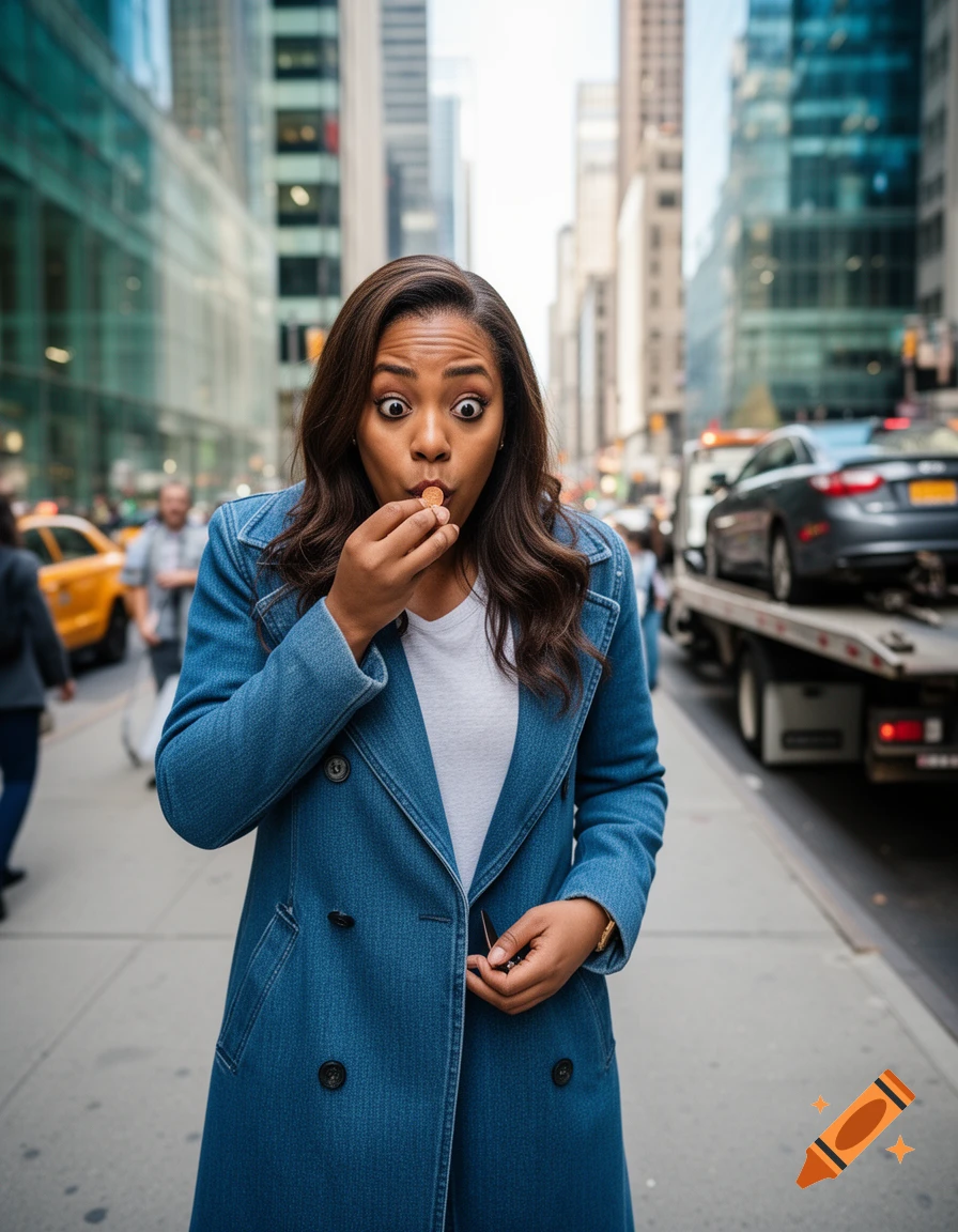 A surprised woman in a blue coat holds a penny to her mouth on a busy photorealistic city street.