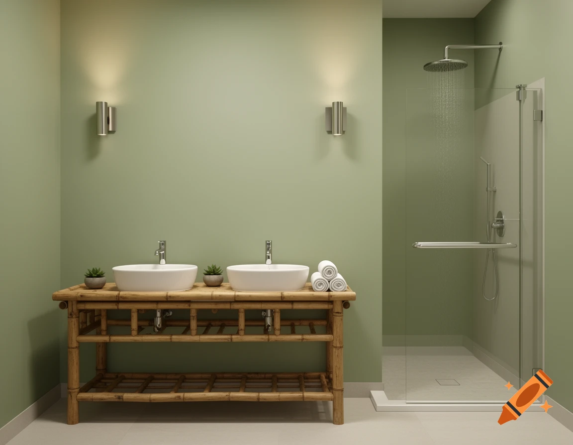 Modern sage green bathroom with a bamboo double sink vanity, white sinks, and a glass-enclosed walk-in shower.