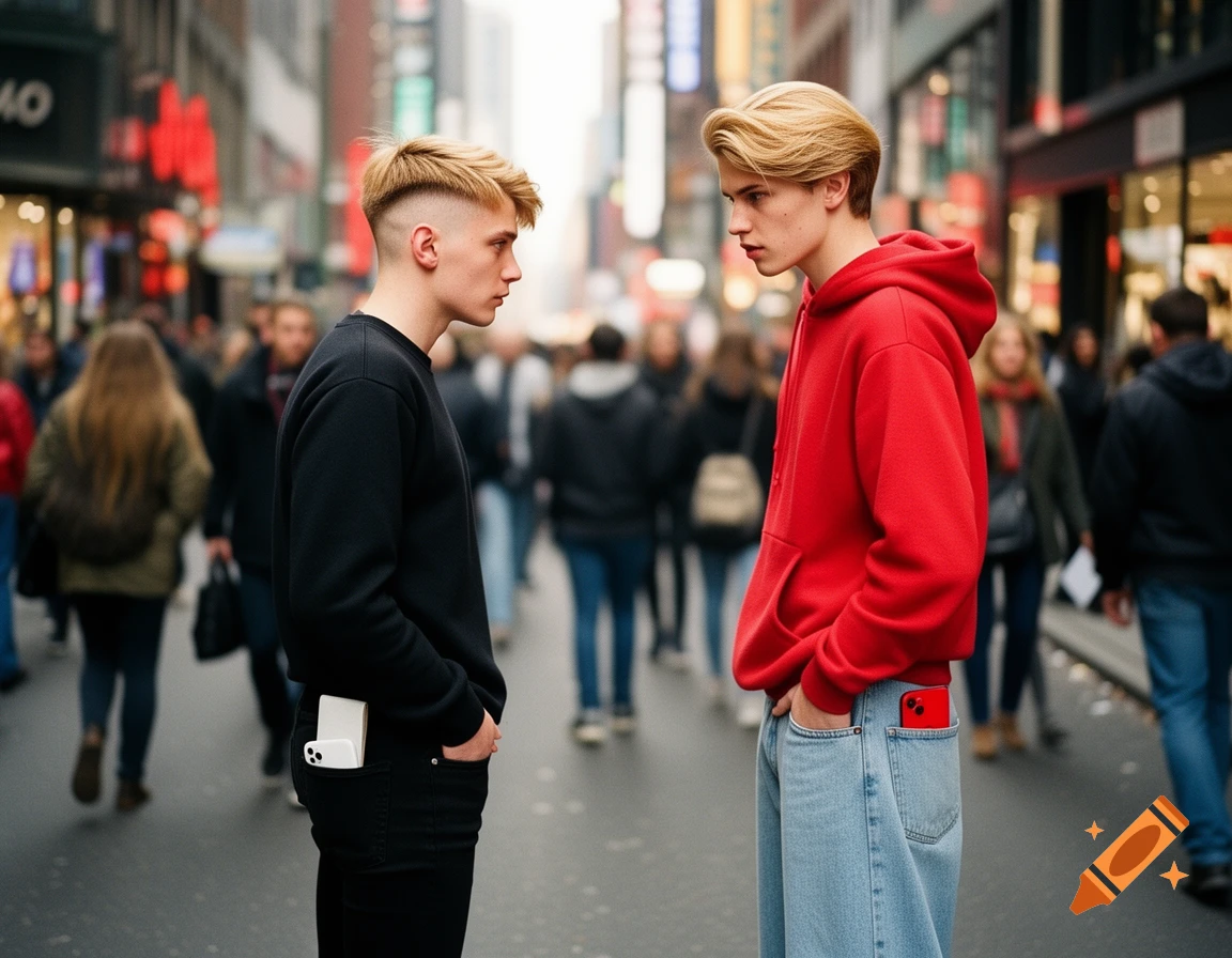 Two young men with blond hair, one in black, one in red, face each other on a busy city street with blurred crowds.