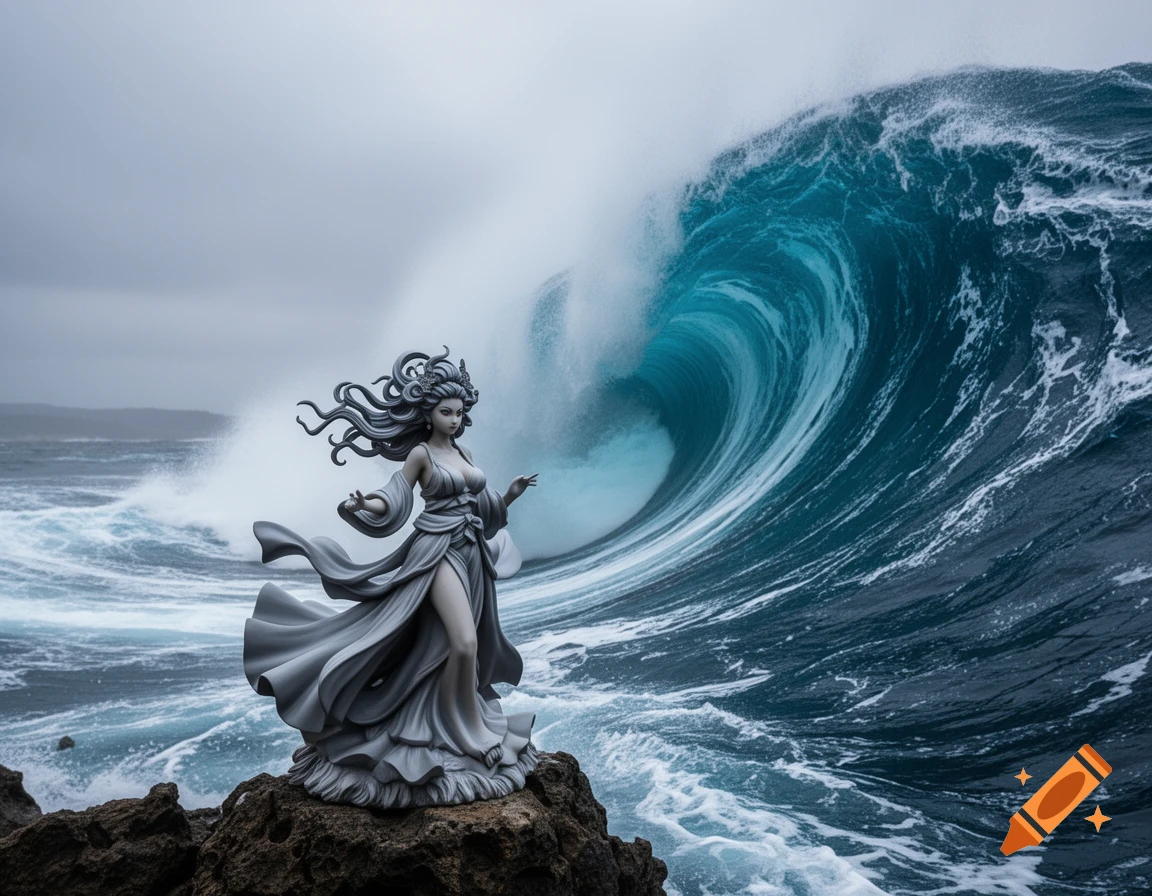 Photorealistic grey statue of a woman with flowing hair and dress on rocks, a massive blue wave crashing behind her in a stormy ocean.