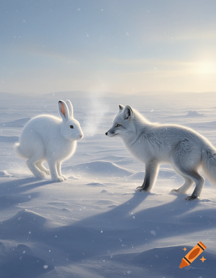 An arctic hare and an arctic fox stand in a snowy arctic landscape under a bright, clear sky.