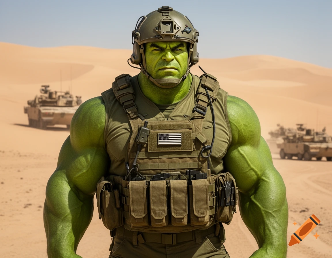 The Hulk, green-skinned and muscular, stands in a desert in full marine tactical gear with tanks in the background.