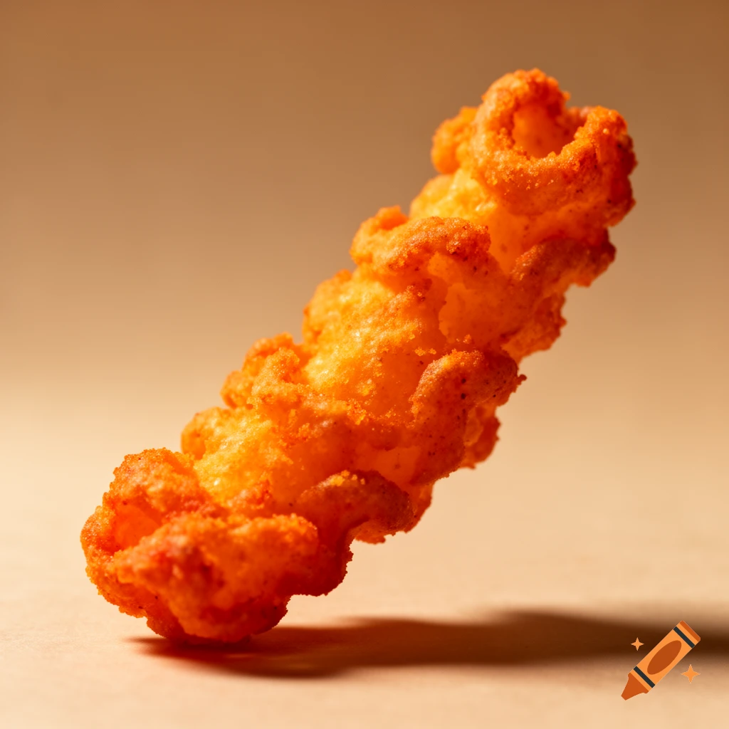A single bright orange crunchy Cheeto snack is angled on a light brown background, casting a shadow.