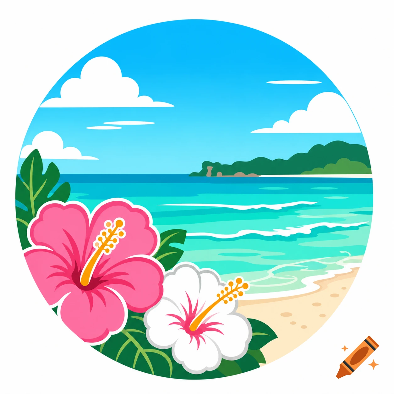 Stylized tropical beach illustration in a circle with pink and white hibiscus flowers, turquoise ocean, and sandy shore under a blue sky.