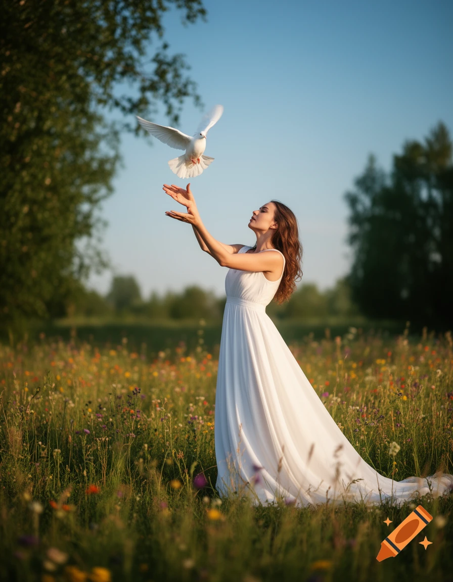 A woman in a flowing white dress releases a white dove in a vibrant wildflower field under a clear blue sky.