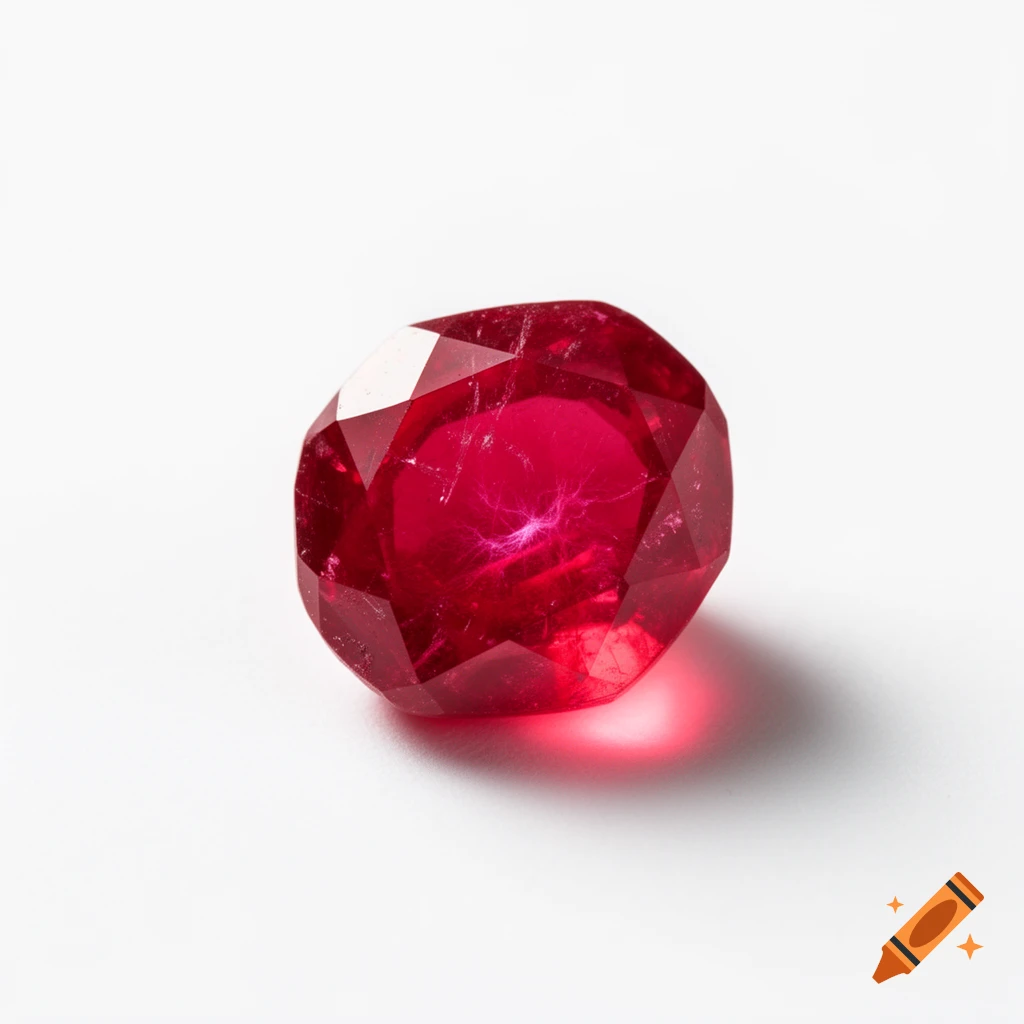 A photorealistic, faceted red ruby crystal with internal inclusions sits on a clean white background.