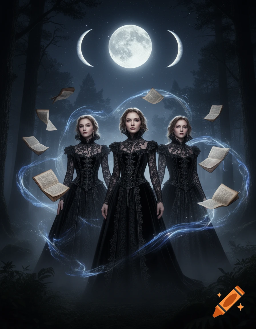Three sorceresses in black gothic gowns stand in a dark, misty forest under a full moon, with floating spellbooks and blue magical energy.