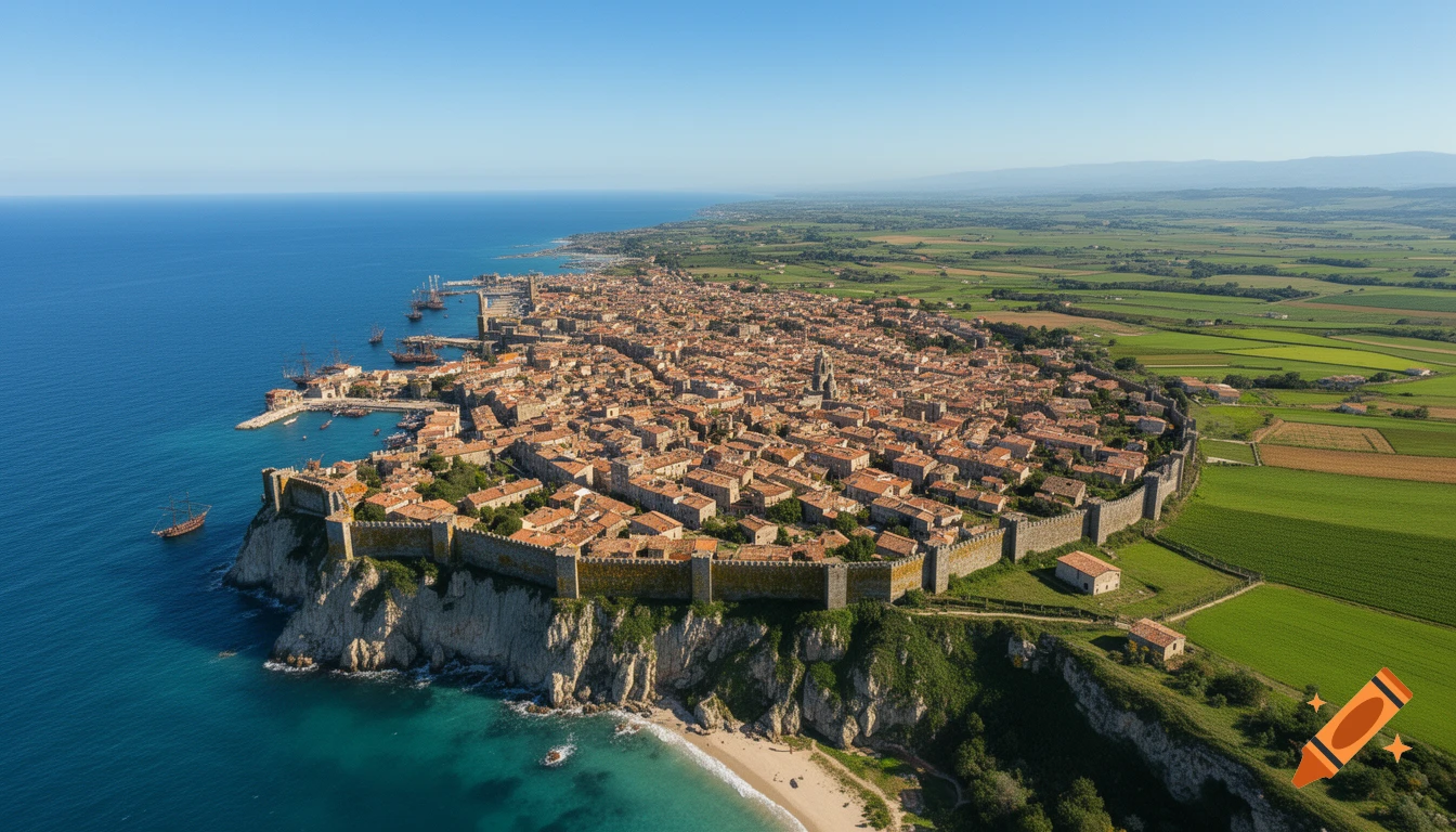 Aerial view of a walled city with a port, red-tiled roofs, cliffs, a beach, and green fields under a clear sky.