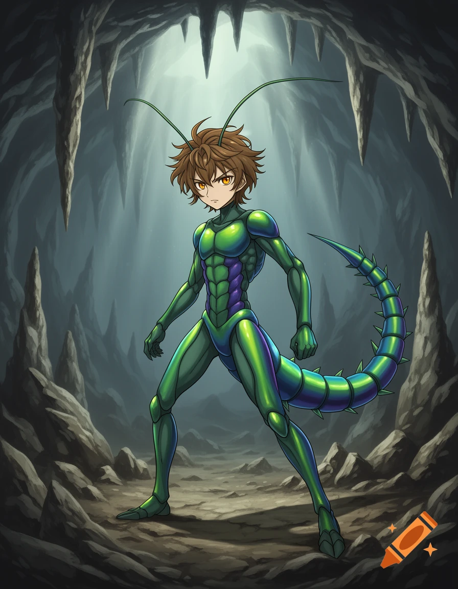 Anime character in a metallic green and purple bug-like suit with a stinger tail and antennae, standing in a dark cave.