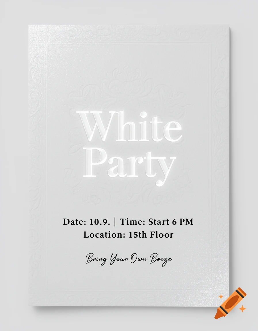 White party invitation card with embossed borders and text, detailing event information.