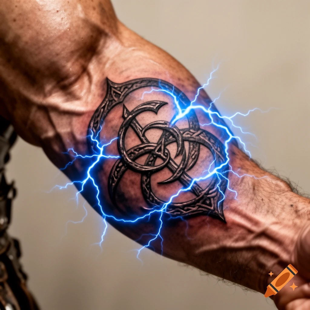 A close-up of a muscular arm featuring an intricate dark Celtic-style tattoo with bright blue lightning bolts emanating from it.