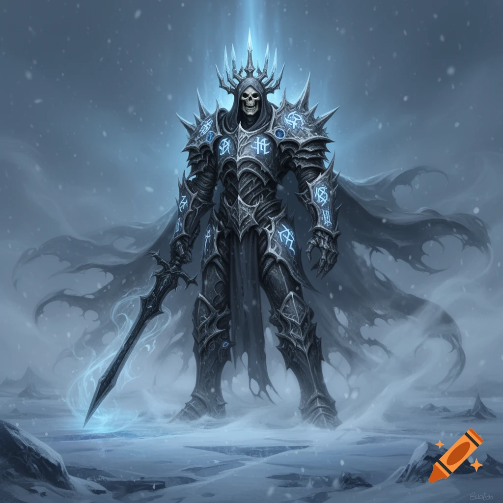 A skeletal figure in spiky dark armor and crown, holding a glowing sword, stands in a snowy landscape under a blue light beam.