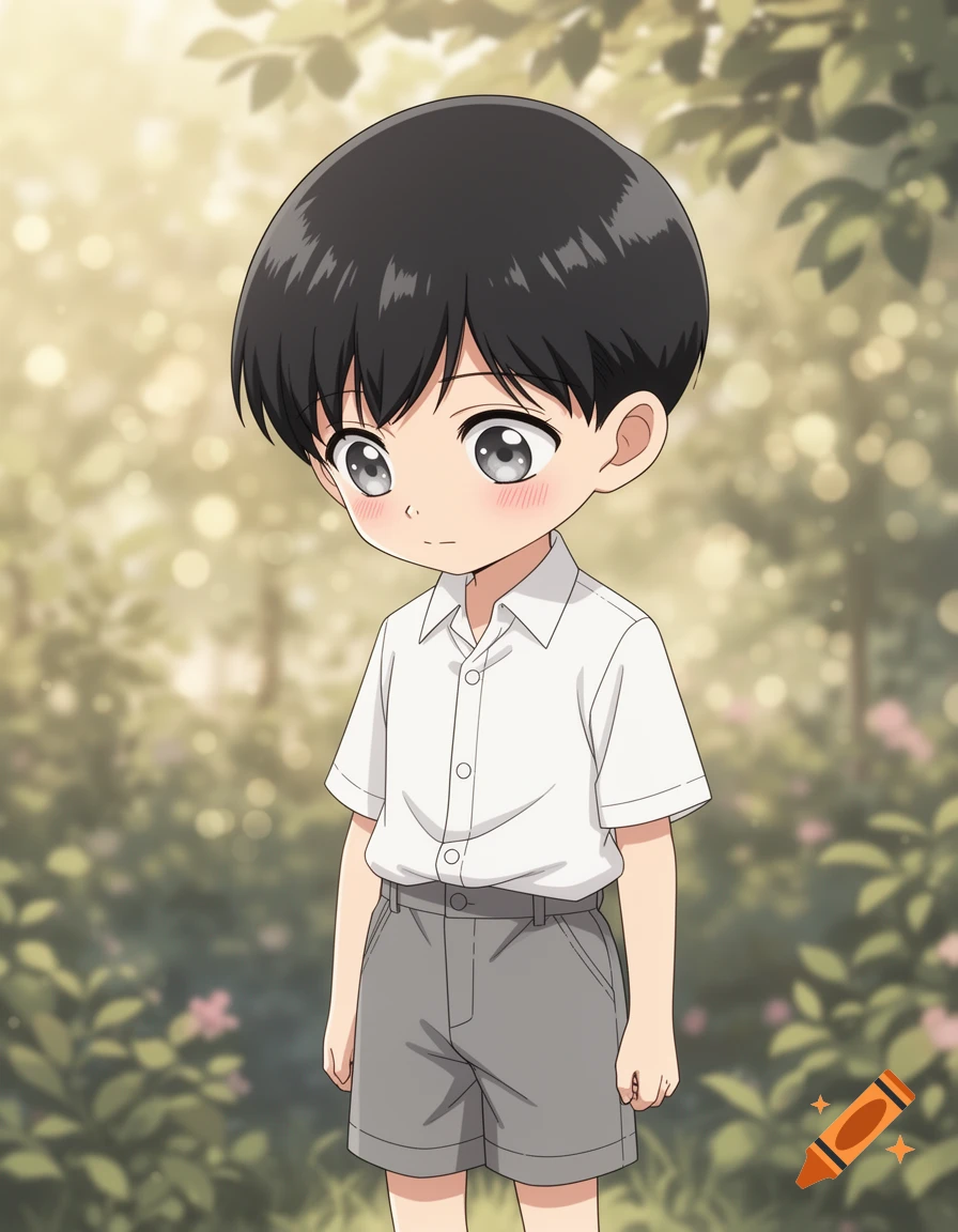 An anime-style boy with black hair and large grey eyes, wearing a white shirt and grey shorts, stands in a soft-focus garden.