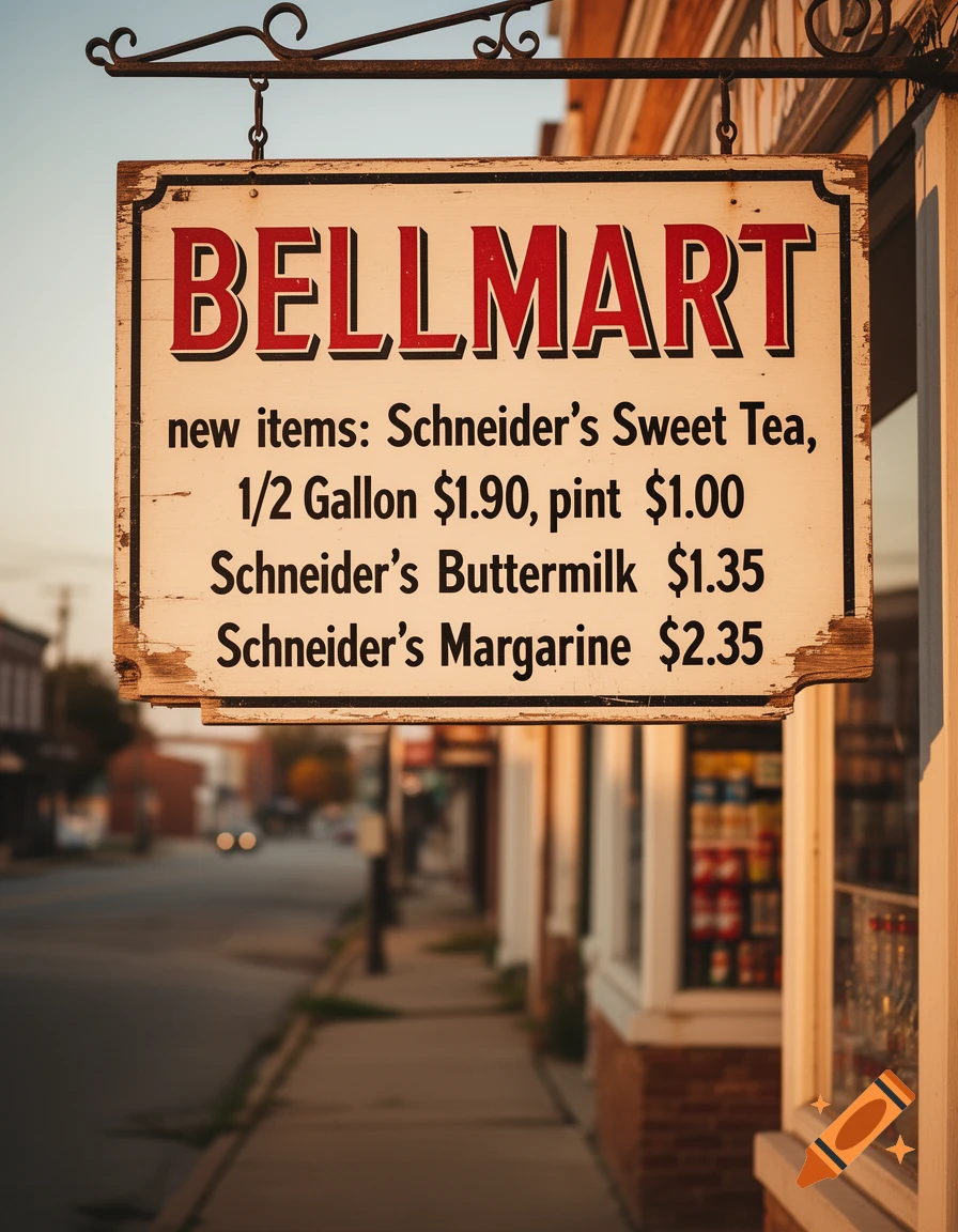 A photorealistic image of a vintage-style "BELLMART" store sign, listing new items and prices, hanging above a street.