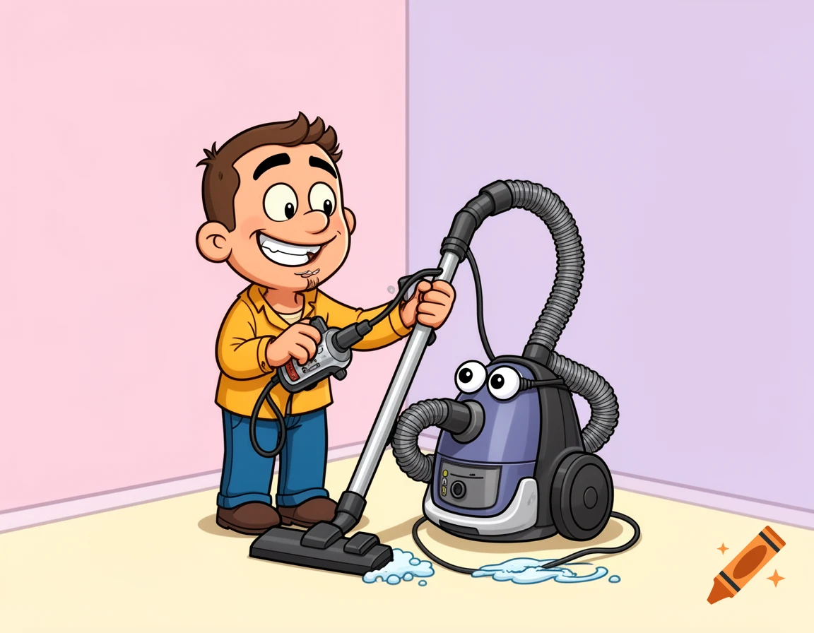 A happy cartoon man cleaning a large, confused vacuum cleaner with a tiny vacuum, in a colorful meme style.