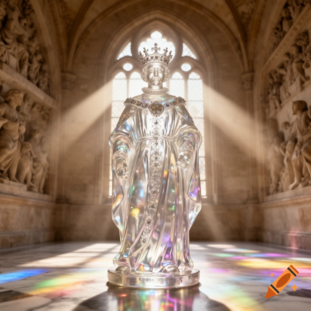 Clear glass statue of a crowned monarch in a grand hall with sunlight through a window, casting rainbow patterns on the floor.