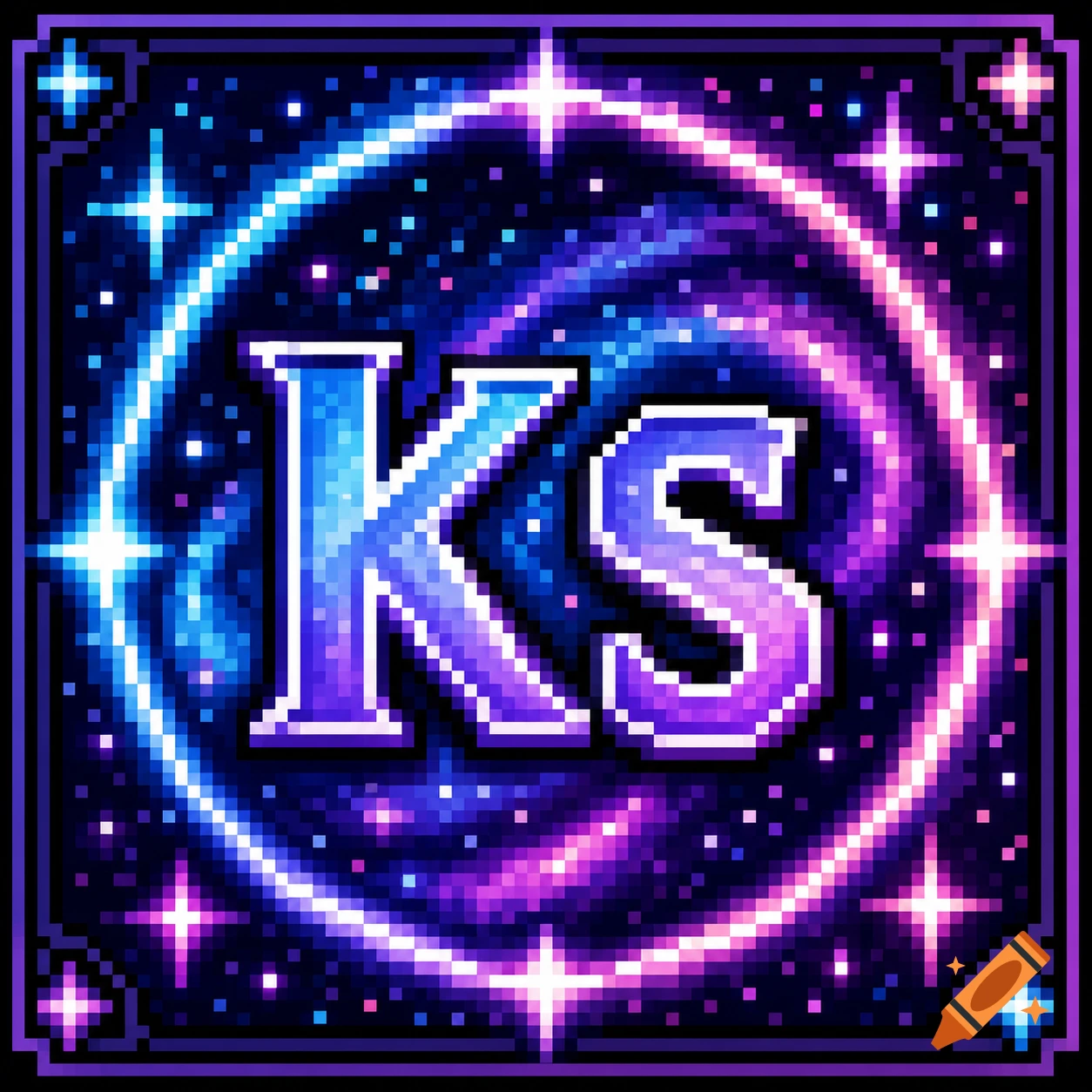 Pixel art graphic of glowing blue and purple initials 'KS' surrounded by a cosmic galaxy swirl and stars.