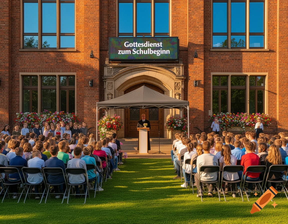 Students attend an outdoor service for school start in front of a brick school building, with 'Gottesdienst zum Schulbeginn' on a sign.
