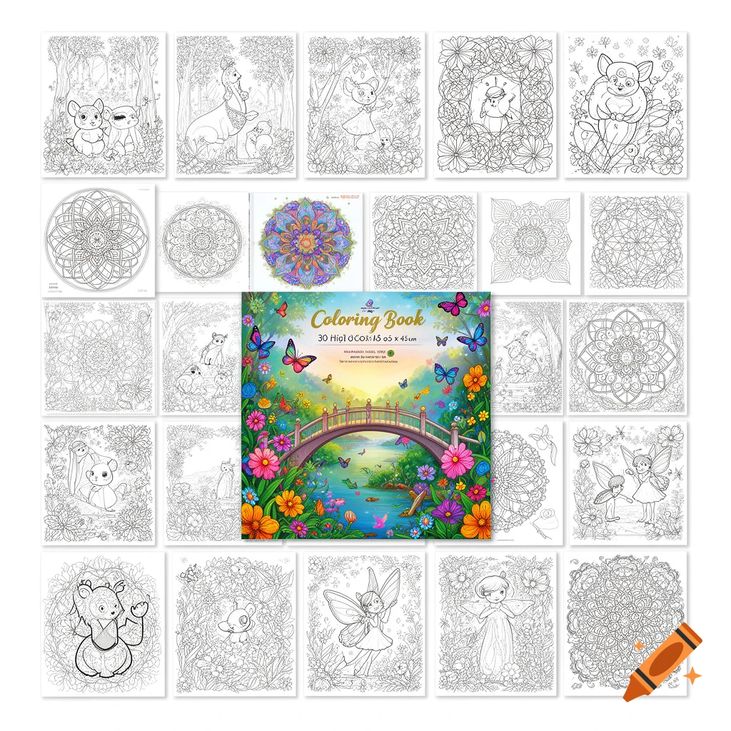 A grid of 30 coloring book pages, mostly black and white line art featuring animals, mandalas, and fairies. The central page is colored, showing a whimsical bridge, flowers, and butterflies, with the text "Coloring Book".