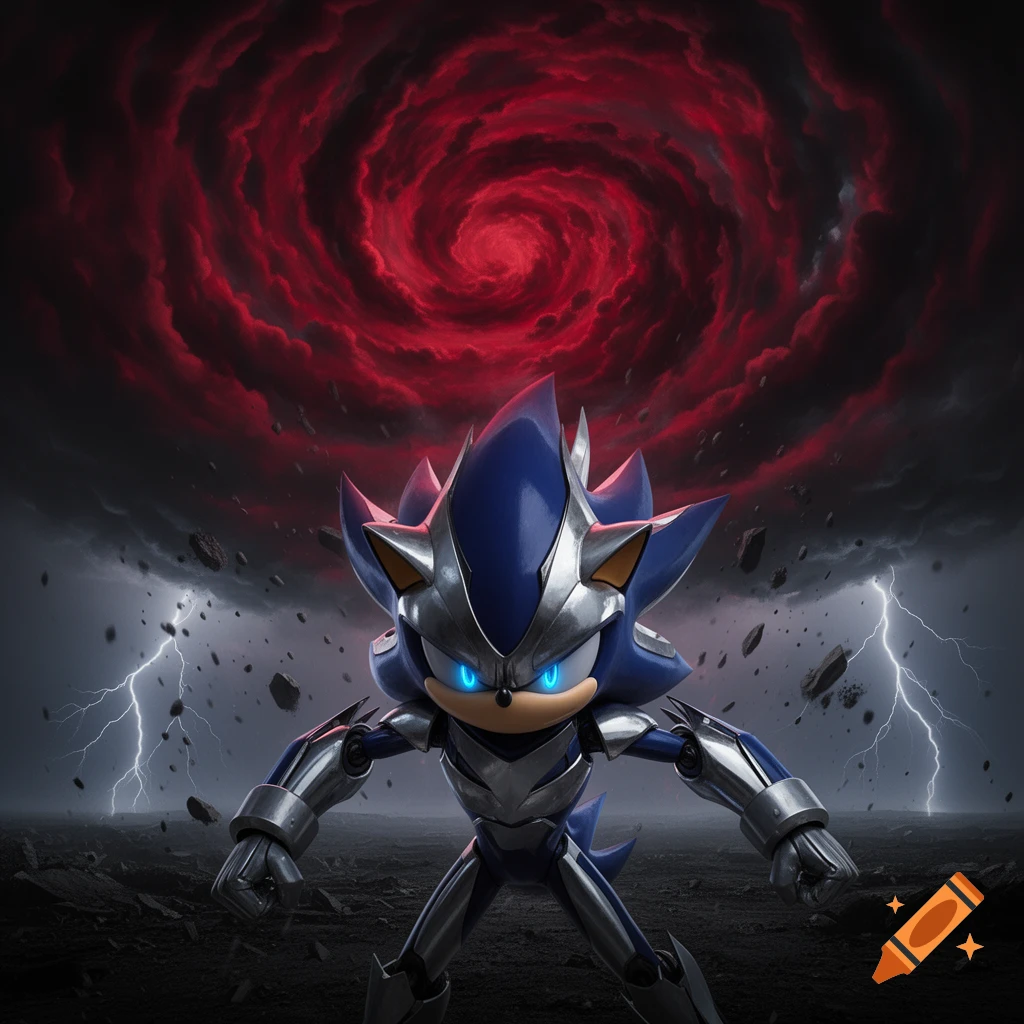 Armored blue hedgehog character with glowing eyes stands heroically against a dark, stormy sky with a red swirling vortex and lightning.