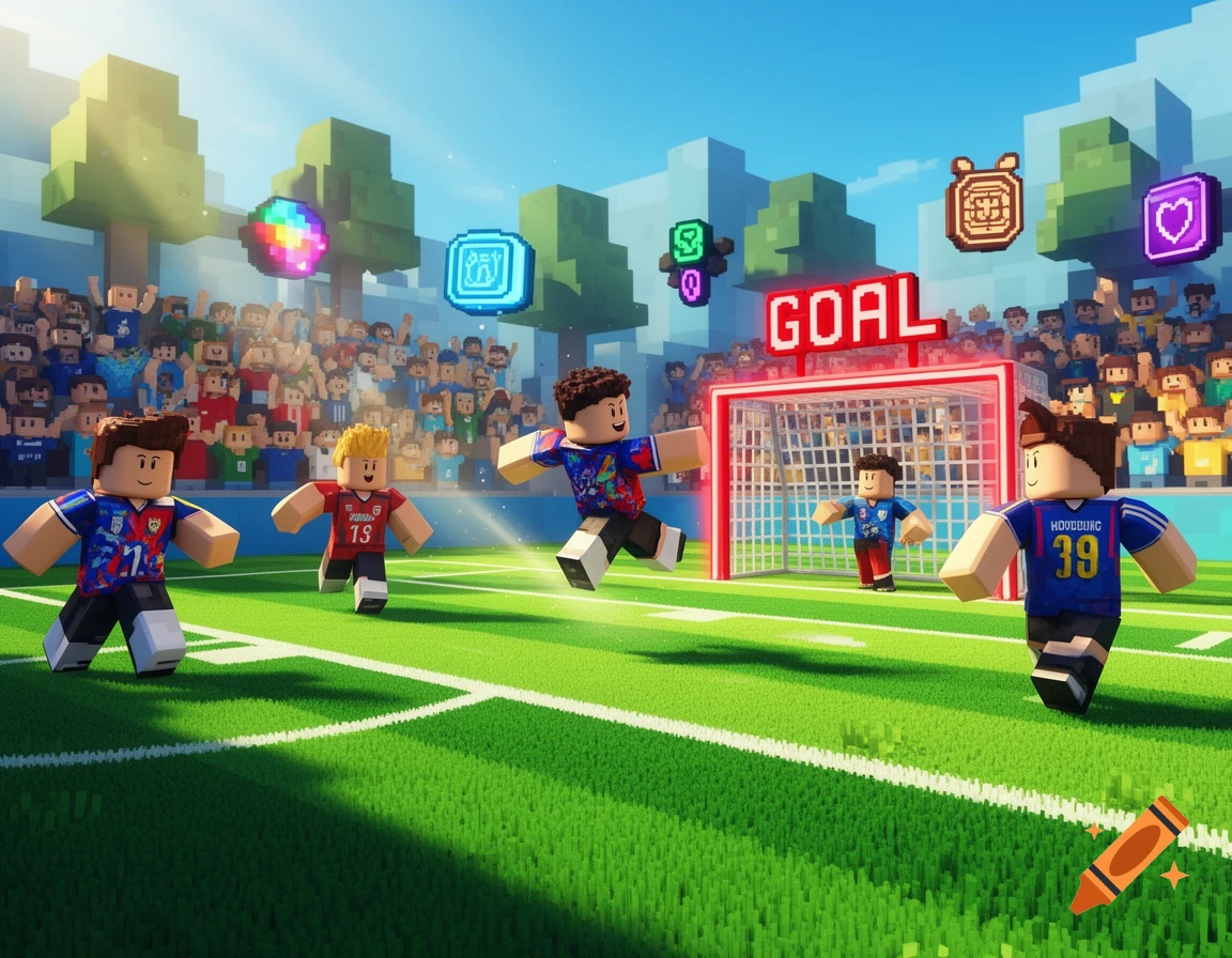 Roblox characters play football in a vibrant pixelated stadium under a sunny sky, with a red 'GOAL' sign.