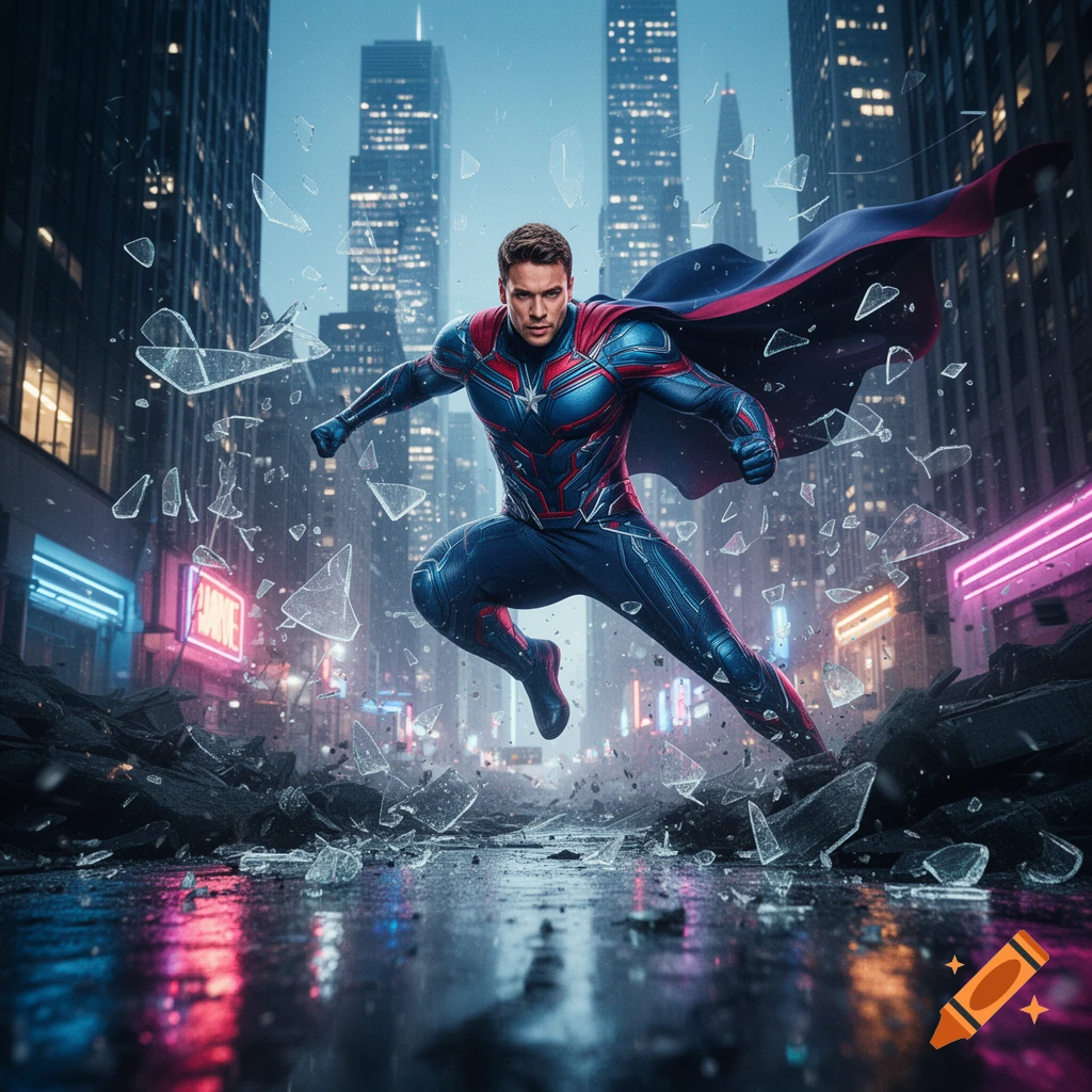 Photorealistic male superhero in a red and blue suit with a cape, leaping amidst shattered glass on a wet city street at night.