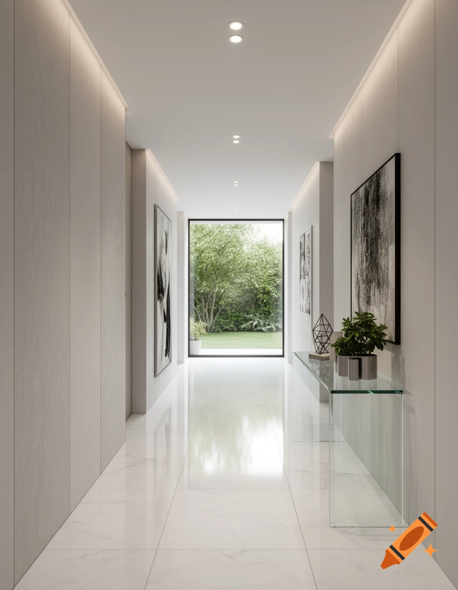 A minimalist modern hallway with white marble floors, recessed lighting, abstract art, a glass console, and a garden view.