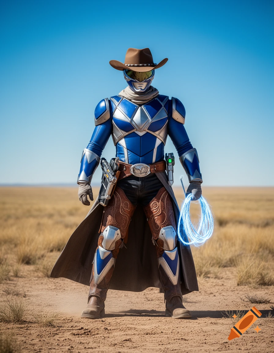 A photorealistic cowboy Power Ranger in blue and silver armor with a brown hat, holding a glowing lasso, stands in a desert landscape.