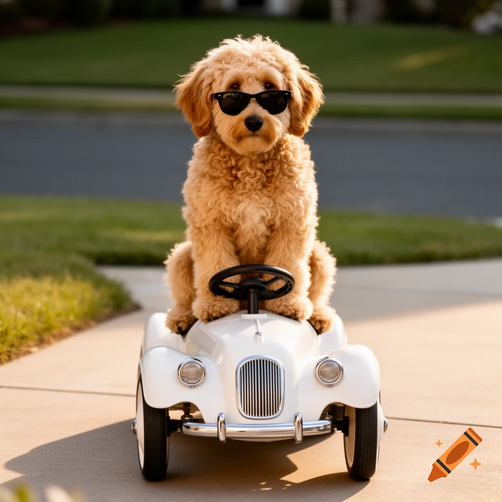 A photorealistic Goldendoodle wearing black sunglasses sits behind the wheel of a white toy car on a paved path.