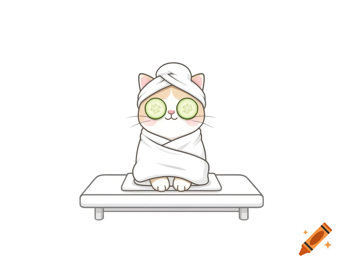 Cute illustrated cat wrapped in a towel with cucumber slices on its eyes, relaxing on a spa table against a white background.