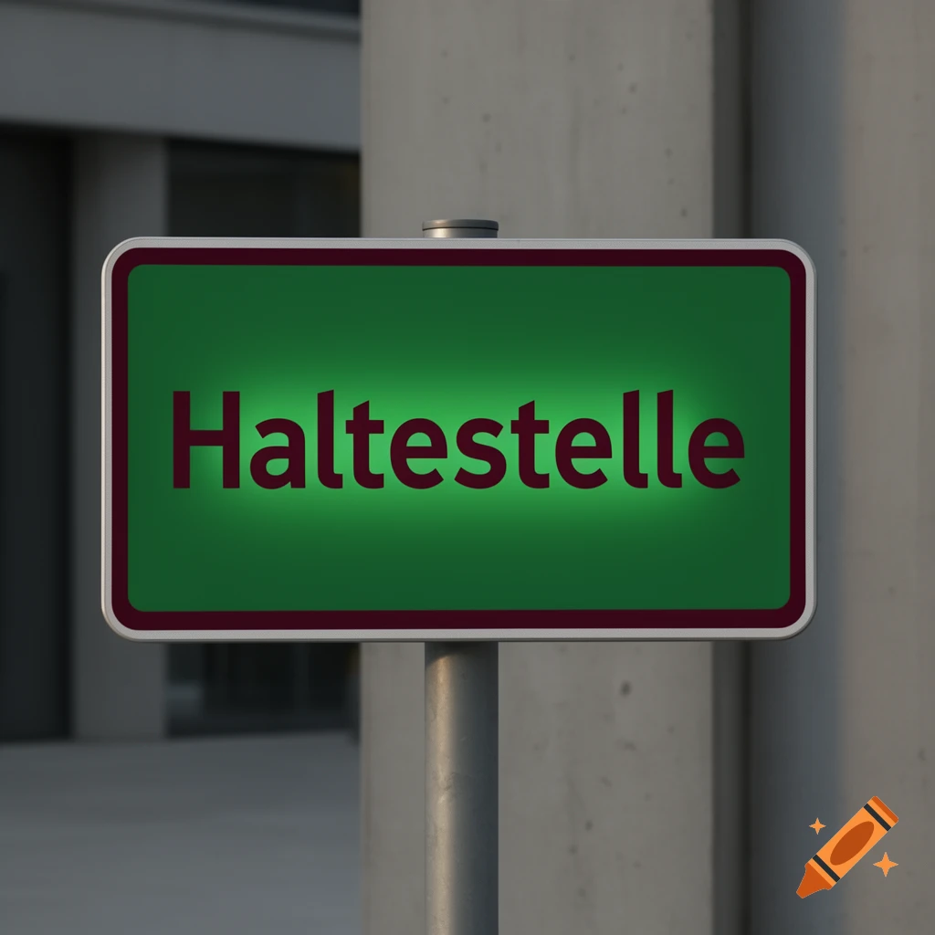 A photorealistic image of a green traffic sign displaying the word "Haltestelle" in glowing red letters, mounted on a pole.