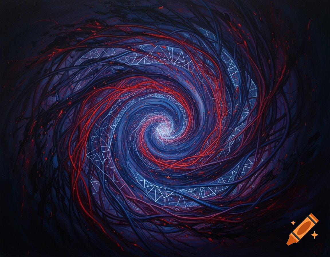 An abstract swirling vortex of red and blue lines, with white geometric patterns, emanating from a bright center.