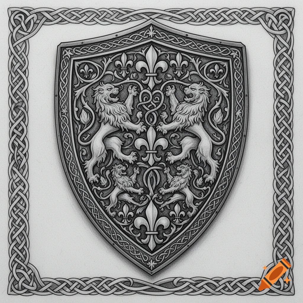 Detailed grayscale medieval shield with rampant lions, fleur-de-lis, and scrollwork, framed by a Celtic knot border, in an engraving style.