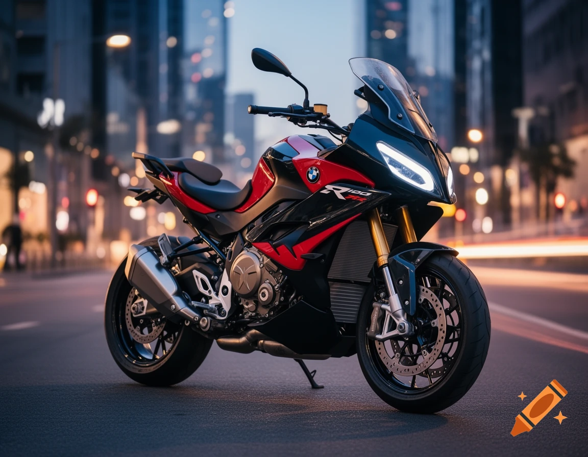 Photorealistic red and black sport motorcycle with glowing headlights parked on a city street at dusk.