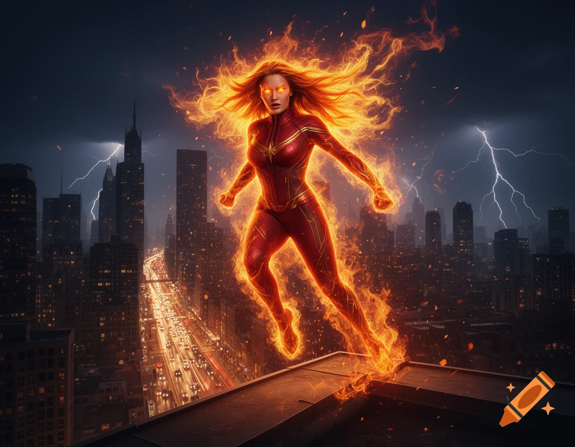 A fiery female superhero with glowing eyes hovers above a city skyline at night with lightning in the sky.